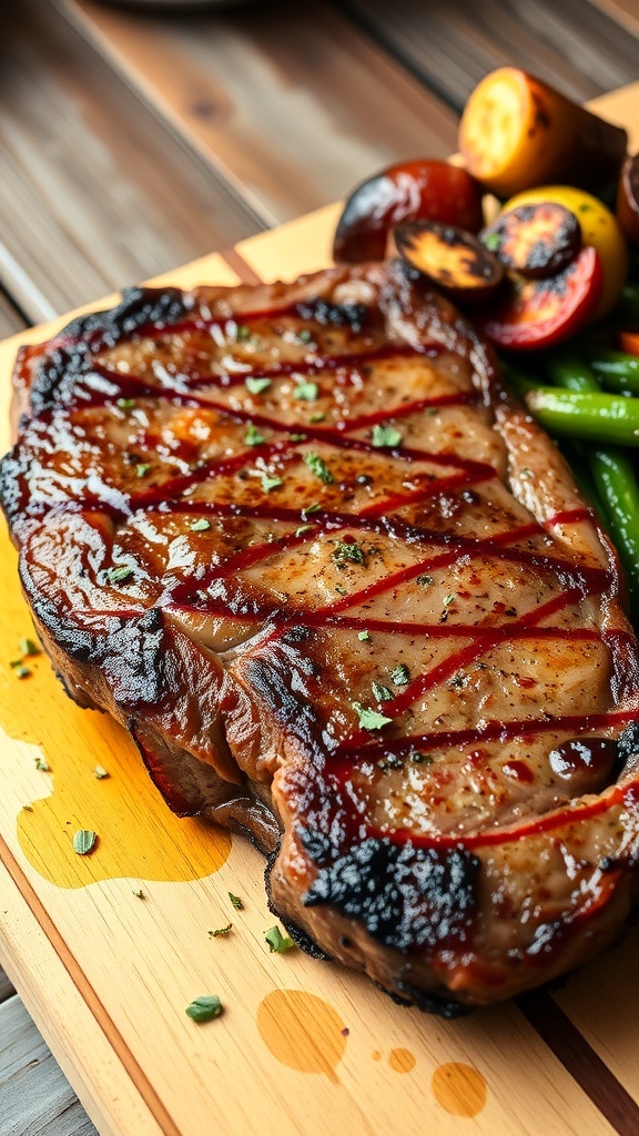 Air Fryer New York Strip Steak Recipe A perfectly seared New York strip steak garnished with herbs on a wooden board with roasted vegetables.